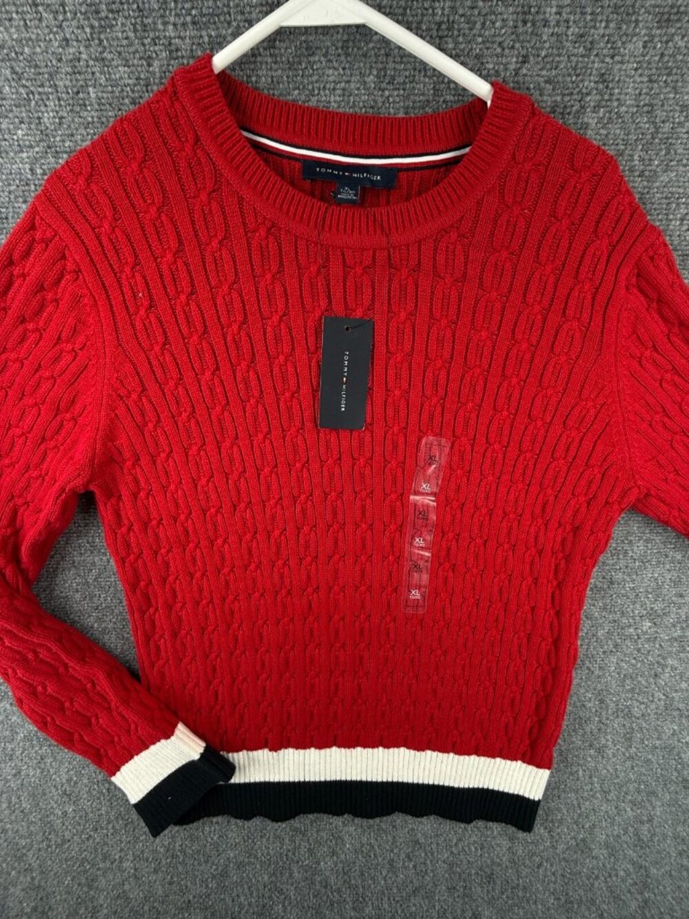 NWT Tommy Hilfiger Red Cable Knit Pullover Sweater $80 Women XL Preppy Blue Trim